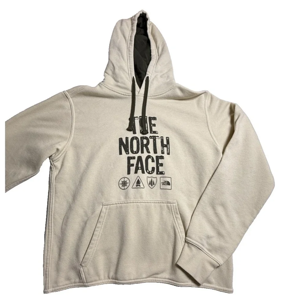 The North Face cream Mens Pullover Hoodie Medium‎ Sweatshirt graphic logo cozy